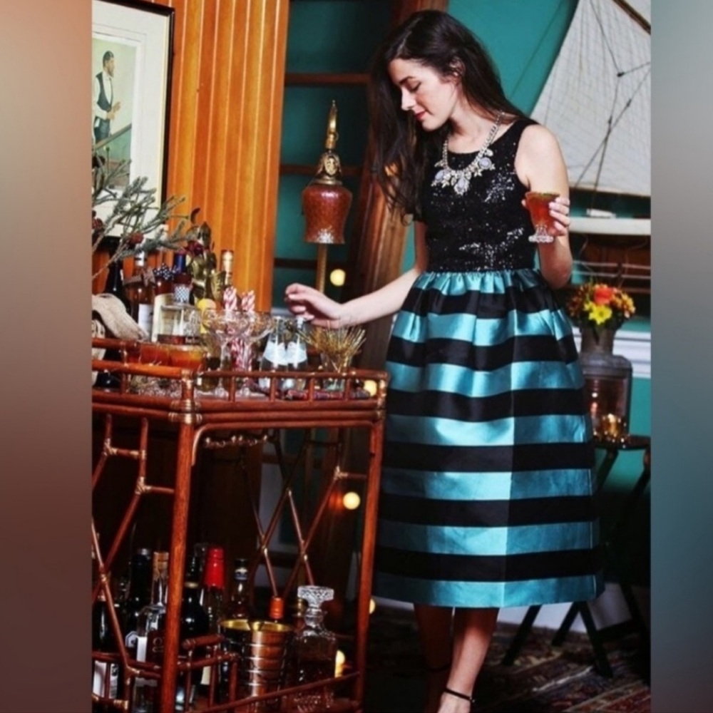 Anthropologie Black and Teal Striped Dress